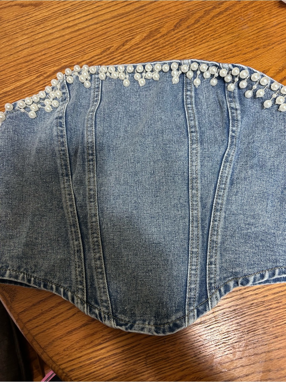 Pearl-Fringe Blue Denim Mini Skirt - Picture 2 of 3